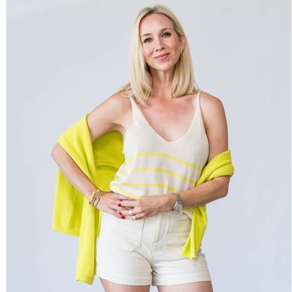 Sanctuary V-neck Knit Tank in Desert Lime Stripe M NWT Coastal Chic Quiet Luxury